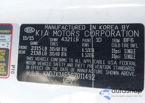 2016 Kia Soul Ev + из США, поврежденный, VIN KNDJX3AE5G7011492